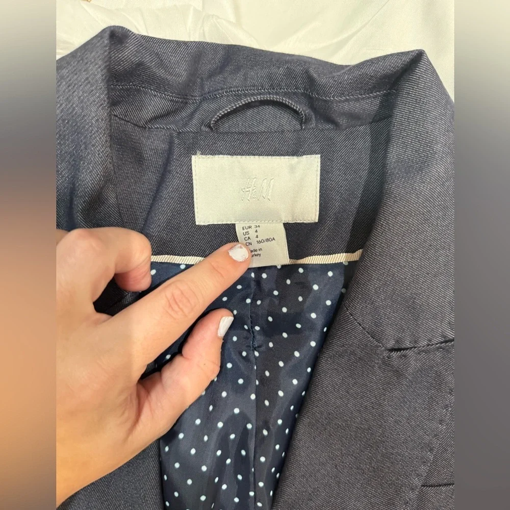 H&M Navy Blue‎ Open Front Tailored Blazer Jacket Women’s 4 Polka Dot Workwear - Picture 4 of 9